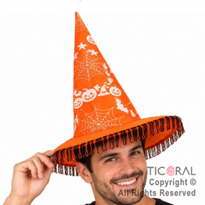 SOMBRERO BRUJA HALLOWEEN NARANJA CON FLECOS